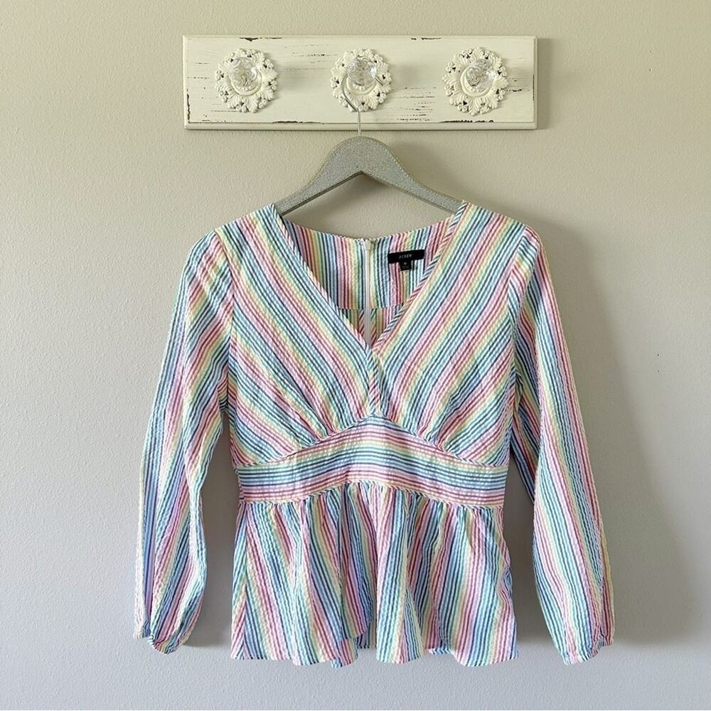 J. Crew Rainbow Seersucker V Neck Long Sleeve Blouse